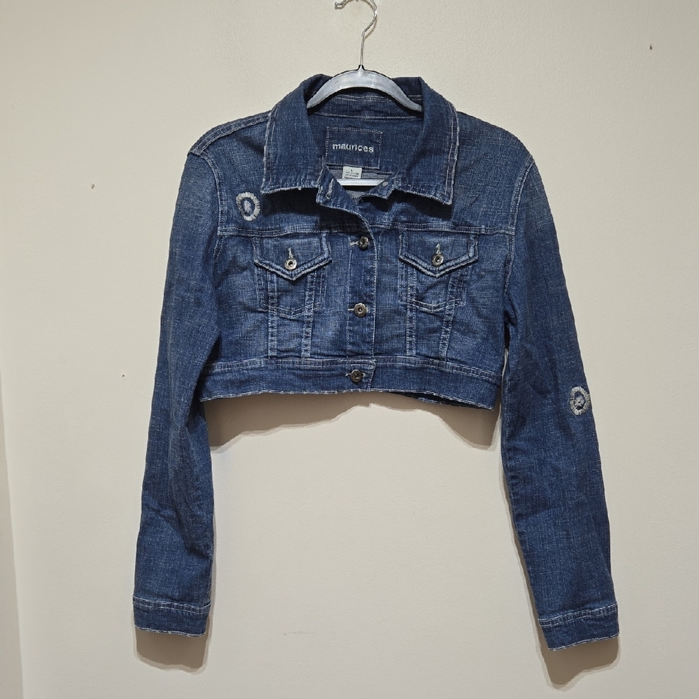 Maurices Women's Crop Distressed Blue Jean Jacket.